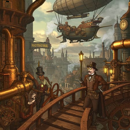 Steampunk-inspired world, vibrant, intricate machinery, high saturation, and rich colors, atmospheric brass and copper hues, whimsical gears and cogs, detailed Victorian fashion infused with futuristic elements, bustling urban landscapes with steam billowing from towering structures, imaginative airships floating among the clouds, lively scenes brimming with innovation and creativity.