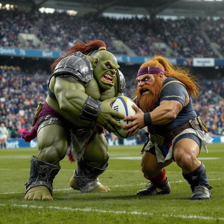 Dynamic Realistic Dynamic realistic photograph on a fantasy football field featuring orks and dwarfs with highly detailed skin texture, full body composition and a rugby ball. The scene captures a sense of high energy and excitement, with orks displaying exaggerated muscle definition and dwarfs exhibiting robust stature. The ball appears slightly oversized, accentuating the fantastical elements of the scene. Both figures are caught mid-action, with subtle play of light and shadow enhancing the realism, while maintaining a vivid color palette. The background hints at a bustling stadium, blurred just enough to keep the focus on the central figures, lending an epic sense of scale to the tableau.