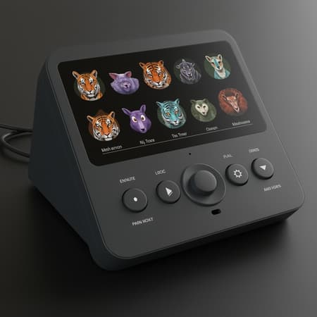 Invent a device that can translate the thoughts of animals into human language, featuring colorful digital displays that adapt to the unique expressions of different species, allowing communication to bridge the gap between humans and the animal kingdom.