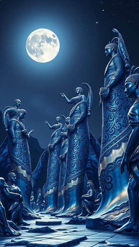 Metallic landscape shimmering under a moonlit sky, featuring towering statues with intricate patterns, each reflecting shades of blue and silver. The scene has a dreamlike quality, blending reality with a hint of fantasy. It is set against a backdrop of a star-studded night, with the proportions of the statues stretching elegantly, emphasizing vertical lines and a sense of grandeur.