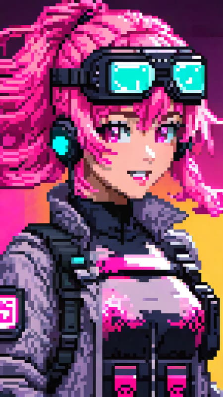 (swat man), (pixel art), detailed, torso, gloves, mask, goggles, action pose, trench coat, pink, surreal, strange, (full body sexy gamer girl with pink hair photo), vaporwave neon theme, woman, portrait, smile, laugh, open mouth, (upper body, bust shot, looking away:1.1), neon hair