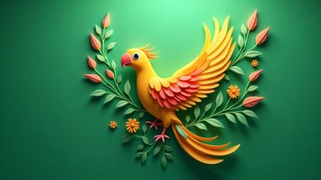 A vibrant, abstract 3D parrot with sleek, aerodynamic shapes, adorned with intricate foliage and delicate flowers seamlessly integrated into its structure, emits a gentle, enchanting glow as it gracefully soars against a luminous emerald backdrop.