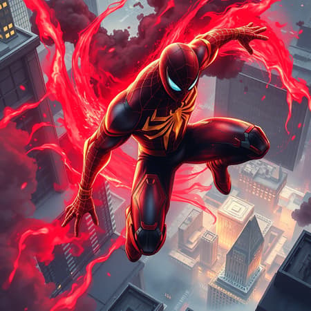 A high ground angle shot reveals skyscrapers on low ground as Spiderman engages in a fierce, raging battle. His character design is captivating, with his body adorned in glowing golden runes that pulse with energy. A swirling red and blue aura envelops him, casting vibrant contrasts against his form. He's captured in a dynamic, epic action pose, rendered in a detailed anime style with FW Murano influence. He wears full-body GALAXY armor, intricately designed, radiating power. Thick plumes of jet-black smoke billow around him, adding drama to the scene. The style is distinctly Prokoko, characterized by bold, expressive brushstrokes and vivid color applications. Enhanced with a China ink effect, the atmosphere is intensified with CarnageStyle, and the scene is drenched in blood-red hues. The intensity measure is 1.6, with cinematographic lighting enhancing the dramatic, dynamic angle. Details are rendered in extreme clarity, creating an awe-inspiring visual narrative. A high ground angle shot reveals skyscrapers on low ground as Spiderman engages in a fierce, raging battle. His character design is captivating, with his body adorned in glowing golden runes that pulse with energy. A swirling red and blue aura envelops him, casting vibrant contrasts against his form. He's captured in a dynamic, epic action pose, rendered in a detailed anime style with FW Murano influence. He wears full-body GALAXY armor, intricately designed, radiating power. Thick plumes of jet-black smoke billow around him, adding drama to the scene. The style is distinctly Prokoko, characterized by bold, expressive brushstrokes and vivid color applications. Enhanced with a China ink effect, the atmosphere is intensified with CarnageStyle, and the scene is drenched in blood-red hues. The intensity measure is 1.6, with cinematographic lighting enhancing the dramatic, dynamic angle. Details are rendered in extreme clarity, creating an awe-inspiring visual narrative.