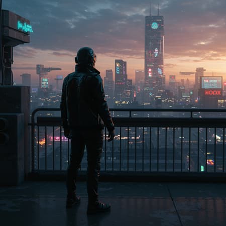 Dystopian High-detail Photo, Art Dystopian high-detail photo, full shot of a figure standing on an overlook, gazing at an expansive cyberpunk city skyline, flawless facial features, enhanced with raytracing and specular lighting, utilizing a shallow depth of field from a 200mm lens, cinematic film still appearance with smooth CGI quality from 3D rendering. Despite elements of JPEG artifacts and low resolution implying a gritty, stark setting, the image remains captivatingly detailed, avoiding any visual distortions or flaws, maintaining proportionate and realistic anatomy within the urban sprawl backdrop.