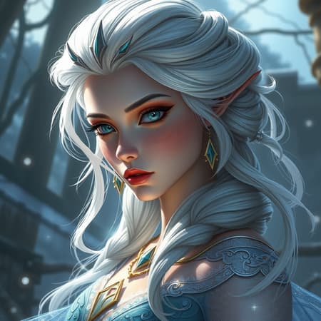 Elsa-inspired fantasy character in a D&D setting, portrayed with intricate and elegant details, in the style of a highly detailed digital painting. The artwork resembles the refined and graceful aesthetic found in ArtStation concept art, featuring a matte finish with sharp focus. The illustration takes cues from the visual storytelling seen in Hearthstone, and draws inspiration from artists like Artgerm, Greg Rutkowski, and Alphonse Mucha, delivering an 8k resolution with HDR and UHD quality. The scene captures a blend of magical and mythical elements, showcasing the character in an enchanting and otherworldly environment.