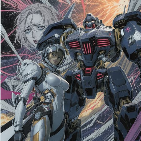 Armored astronaut girl in a full-length portrait, depicted in a comic book style alongside a battle-ready mech, showcasing highly detailed and exquisite fanart. The scene includes a crying cyborg woman, rendered in vibrant full-color with a manga visual style and anime key elements, influenced by the imaginative world of Valerian Nartfixer.