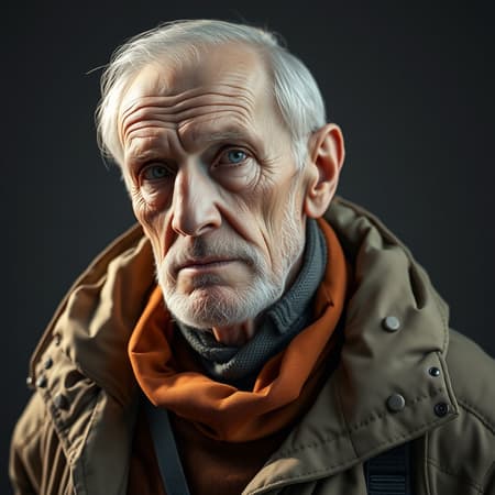 An elderly man in advanced techwear, exuding wisdom and style, captured in ultra-realistic detail. His attire blends futuristic functionality with timeless elegance, featuring intricate textures and high-tech materials. Studio lighting highlights the fine lines of age and the sleekness of his outfit, casting dynamic shadows. Despite his age, he carries an air of modernity and innovation, with a gaze that reflects years of knowledge. The image maintains a sharp focus on detail, while subtle hints of warmth soften the futuristic ambiance, creating a harmonious balance between past and present.