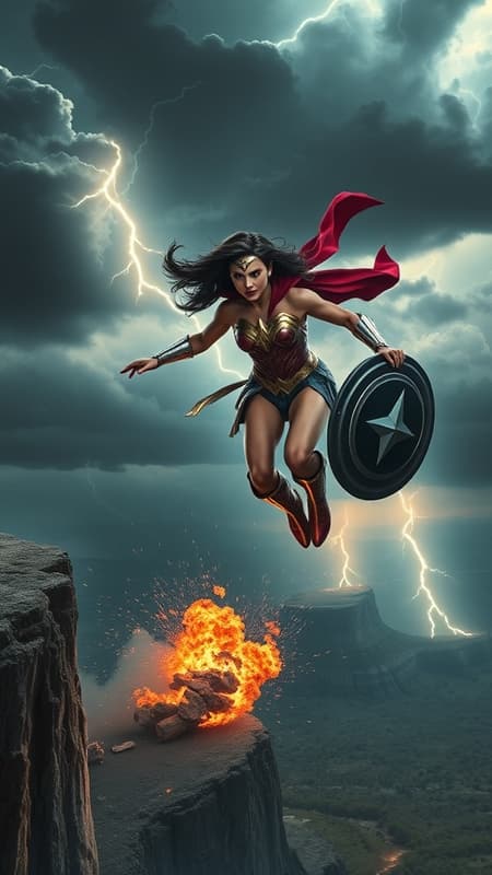 A young female superhero, inspired by Wonder Woman, launches from a cliff into a turbulent battlefield, captured in epic slow-motion. Above, dark clouds twist and churn, illuminated by sudden flashes of lightning. The camera follows her ascent from below, capturing the elegance of her soaring figure, her cape trailing behind like a comet's tail and her armor catching glints of electric light. With unwavering focus, her eyes blaze with fierce determination. Her shield, securely fastened to her forearm, is a symbol of resolve and resilience. Upon landing, her impact generates a powerful shockwave that fractures the ground, sending ripples of dust and energy across the terrain. The enemy forces stagger back, gripped by fear. The scene is set in a cinematic world, characterized by its stormy atmosphere and dramatic lighting, rendered in ultra-realistic visual detail with cutting-edge animation.