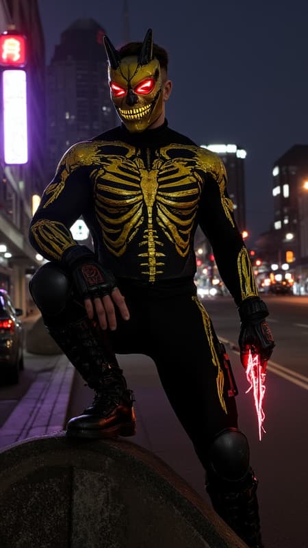 Super-hero, vigilante anti-hero, spooky. cinematic composition, urban noir atmosphere. Athletic Caucasian male, muscular husky build, 5'10", wearing a formfit spandex tactical stealth suit in matte black nano-fabric. Ornate yellow-gold skeleton graphic design overlay across limbs, anatomically accurate bone patterns with glow-in-the dark. Yellow-gold combat boots rising to knees with aggressive V-cutout, deep crimson titanium toe caps. Armored gauntlets in metallic yellow-gold reaching elbows, featuring crimson finger-tips with retractable diamond-tipped claws. Custom electroshock weapon system generating vivid red lightning effects, 32k resolution electricity details.

Chest armor features intimidating demon-face design: yellow-gold base with cut-out revealing matte black underlayer forming ribs, centered by menacing grin with sharp blood-red metal teeth. Upper chest includes glowing crimson LED eye shapes, shoulders sculpted into sharp horn-like points. Tactical neck guard in stealth black nanoweave, flowing into yellow-gold face mask with aggressive V-shape design. Mask features geometric black jaw section and prominent crimson V-shaped visor with internal illumination, creating threatening eyes effect. Modern  short fade hairstyle with dark brown top length styled sideswept. 

Dynamic pose showing figure perched on gothic architecture, photographed from dramatic low angle. Moody nighttime urban setting with neon accent lighting, volumetric fog effects. Ray-traced reflections on metallic elements, cinematic color grading emphasizing deep shadows and selective highlights. Photorealistic materials and textures, 8k resolution, octane render, ultra-detailed, studio lighting with practical effects.