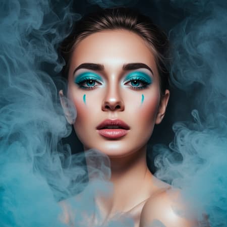 Portrait of a woman enveloped in a swirling mist of smoke, with dynamic cyan accents and makeup, delicate pastel undertones, exuding an aura of mystery and allure, her expression captivating and sultry, conveyed in a stunning oil painting style, blending modern artistic aesthetics with hyper-realistic details.