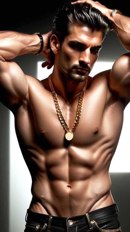 I had a dream... I was in a nightclub, and there were people on the dancefloor. The lights were bright and blinking, pulsing. The music was booming and the Bass was bumping. Then I saw him on the dancefloor... Guido. tall, masculine, rugged, handsome, sexy. Italian heritage. Muscular, fit, athletic. Dark black wavy hair, short on the sides and back, longer on top and combed back. Silky white shirt, unbuttoned to his navel, gold chains around his neck, tight black jeans revealing a bulge in his crotch. His moves were erotic and sensuous, grinding his hips and thrusting his pelvis. I could smell his cologne across the room, Sweat running down his body. C'mon, Guido, take off that shirt, I wanna see that muscular chest. I love the way your thighs are testing the denim of those jeans. Raise your arms, lemme see those hairy pits. I wanna lick the sweat from your body. Show me what you've got. He was about to do just that before I woke up... 