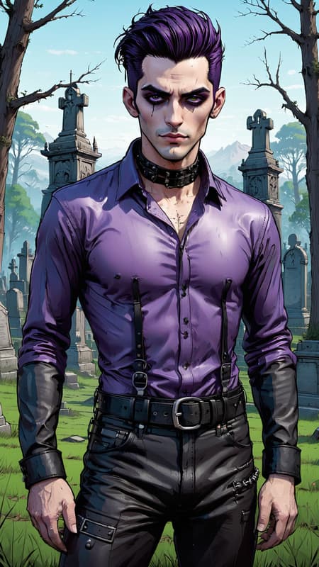 Goth Punk visits Hammer Horror films. Dark, creepy, Goth, sado-masochism. He can turn invisible and follow people around. He also has the ability to enter their minds and scare them to death. He can also siphon off little bits of life force and energy from his victims---most of the time he kills them. 
A young Caucasian man in his 20s, his skin is chalk white, he's becoming more undead as time goes by. He has dark circles around his eyes, but he also wears Goth makeup.  Very tall, thin, lithe but strong, sinewy. Emo style hair, shaved on the sides and back, long on top and falls over one eye-- the top is dyed eggplant purple. Strong brow and jaw, masculine and handsome, though he does have a slight resemblance to Frankenstein's monster--- he takes pride in that. His eyes are grey and intense, like he's staring into your soul. Because he is tall, he has very big hands with long fingers. He wears the latest in Goth fashion: black leather choker collar with spikes,  sheer black see-thru form fitting long sleeved shirt, o-ring black leather harness, black leather bracers with spikes on his arms, dark Violet leather jeans, heavy black leather engineer boots. Full body pose, hanging out in a graveyard or dark Goth Punk club. 