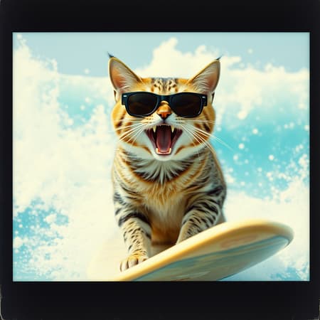 A playful tabby cat riding a surfboard amidst towering waves, sporting cool shades and an open-mouthed expression of thrill, captured in a vintage Polaroid snapshot with a slightly faded, sun-soaked finish.