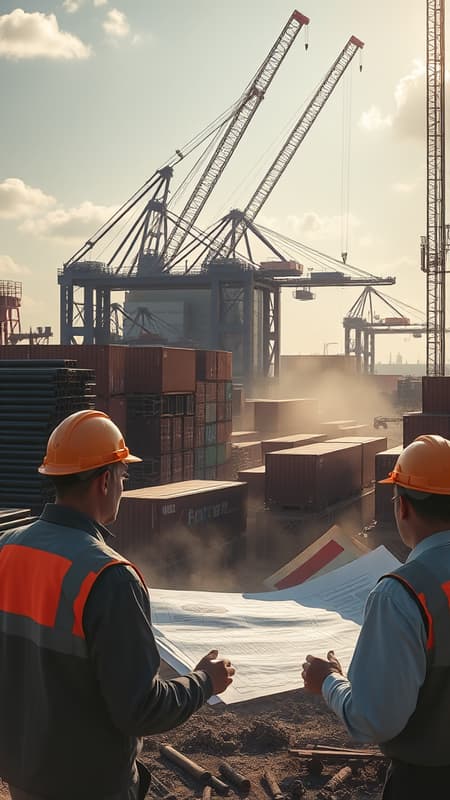 Dynamic photographs showcasing the bustling construction site of the Drogobich dry port, highlighting workers in hard hats operating cranes and heavy machinery amidst stacks of steel beams and shipping containers, dust particles glinting in the sunlight as blueprints and project plans are examined by engineers against the backdrop of towering cranes and a partially constructed infrastructure. Dynamic photographs showcasing the bustling construction site of the Drogobich dry port, highlighting workers in hard hats operating cranes and heavy machinery amidst stacks of steel beams and shipping containers, dust particles glinting in the sunlight as blueprints and project plans are examined by engineers against the backdrop of towering cranes and a partially constructed infrastructure.