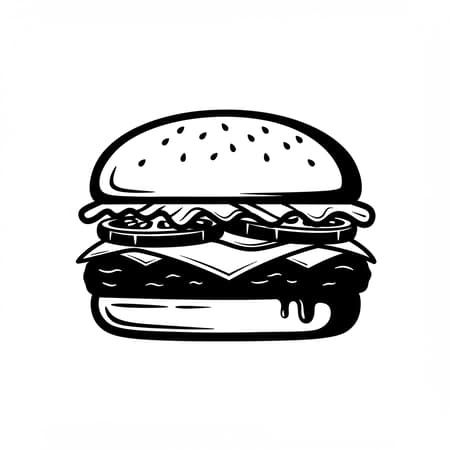 Bold iconic cheeseburger logo, black vector style on a white background with subtle creative twists and unique design elements to enhance the classic concept.