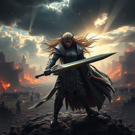 Massive scale warriors featuring a powerful and beautiful elven woman standing in intricate, detailed armor and wielding a magnificent weapon, set against a forgotten battlefield with walls of fire in the background. The scene captures an epic battle in an aerial perspective, showcasing slow-motion action and the goddess-like rage of the protagonist, with photorealistic, hyperrealistic details. The environment offers a dark fantasy atmosphere with CGI quality, crepuscular rays and sunbeams breaking through ominous clouds, encapsulating depth and focus in a complicated, maximalist style reminiscent of Dragon Age.