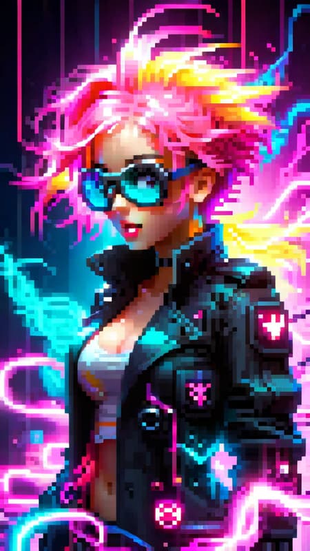 (swat man), (pixel art), detailed, torso, gloves, mask, goggles, action pose, trench coat, pink, surreal, strange, (full body sexy gamer girl with pink hair photo), vaporwave neon theme, woman, portrait, smile, laugh, open mouth, (upper body, bust shot, looking away:1.1), neon hair