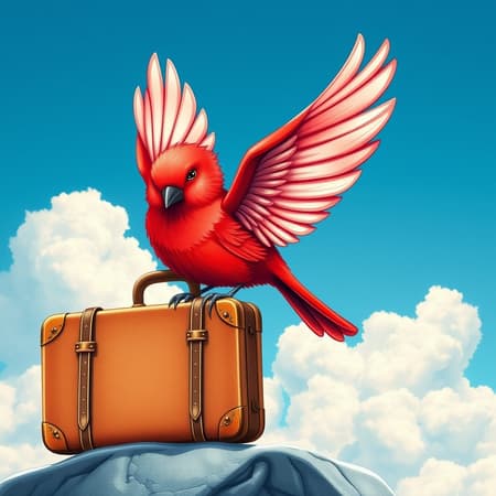A logo design for a travel website featuring a vibrant red bird with elegantly detailed white wings, clutching a vintage travel suitcase; set against a picturesque blue sky filled with fluffy, white clouds. The artwork is inspired by the intricate illustrations of Beatrix Potter, embodying a charming cottage core aesthetic. The scene is depicted in ultra-high definition 8K resolution with fine details and a captivating 45-degree angle perspective, capturing a whimsical yet sophisticated essence.