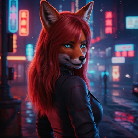 Redhead fox-girl with striking blue eyes in a cyberpunk 2077 setting, immersed in the vibrant chaos of a neon-lit night city, showcasing a futuristic landscape with towering neon signs and bustling streets, concept art portraying a blend of organic and synthetic aesthetics, vivid colors, ultra high definition, high dynamic range, highly detailed environment, futuristic fashion, sleek holograms, and neon reflections on polished surfaces, subtle creative twists to enrich the scene while maintaining its core essence.