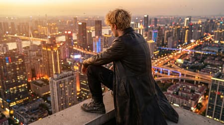 Blonde Figure Overlooking Golden Hour Cityscape Full body shot from behind, a young person with short, messy blonde hair, wearing a dark leather trench coat, black pants, and combat boots, standing on the edge of a skyscraper, looking down at a sprawling cityscape. Dynamic high-angle view, deep perspective, with the city lights creating a vibrant glow below. Photorealistic digital art style. Golden hour lighting, warm glow on the person's hair and shoulders, contrasting with the dark silhouette of their clothing. The city below is illuminated with numerous yellow, orange, red, and blue lights, creating a bustling, energetic, yet distant atmosphere. Sharp focus on the person, with a slightly softer, detailed background.