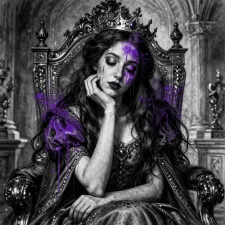 A regal queen with long dark hair, wearing a crown, seated on an ornate throne in a classical, architectural setting. Her eyes are closed, head tilted, with one hand supporting her chin. The image is a black and white graphite sketch with vibrant purple paint splatters and drips covering her face, hair, body, and the surrounding environment, creating a striking contrast. Dark, moody lighting emphasizes the dramatic effect of the purple. The atmosphere is intense and melancholic. Detailed textures, grunge elements, and a sense of raw emotion are present.