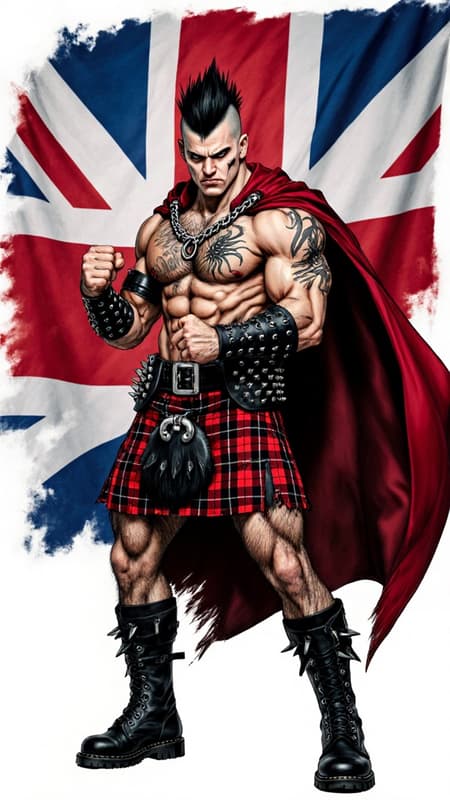 hypermasculine male super-hero. British Punk Rocker.  Young man, college aged.  Jet-black hair, shark fin Mohawk with shaved hair on the sides of head.  Pale grey eyes, intense gaze, slight scowl on face. Handsome, strong brow and jaw. Soul Patch on face.  Strong, muscular, sinewy, brute, broad chest and powerful legs. Extremely hairy hirsute body, especially on chest, torso, armpits and legs.  Scorpion tattoo on chest. O-ring chain harness on chest. Black leather bracers/armbands with spikes. Dark red short cape, tattered and torn. Full kilt, red and black tartan pattern, no underwear underneath. Black leather studded belt. Kilt is worn and tattered, exposing hairy legs underneath.  Black leather combat boots. Full body pose, fighting stance. British flag in background. 