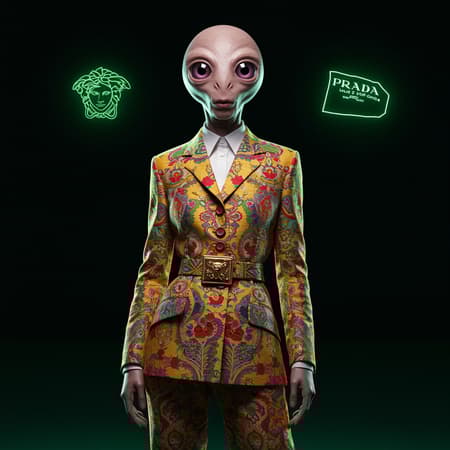 Character design luminogram sharp focus vibrant hues intricate details cinematic elegance glamorous vogue-inspired Prada Versace fashion universe editorial style magazine photoshoot whimsical aura dreamy glow extraterrestrial allure fantastical realism kitschy ensemble.