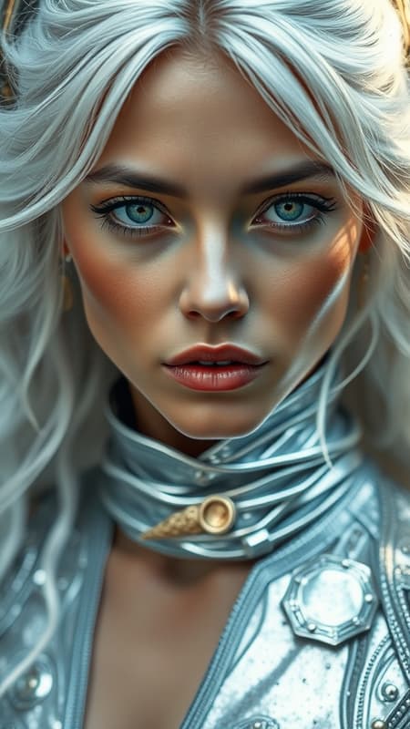Silver-clad female embodying the essence of a cosmic traveler, with shimmering white hair, gazing intently at the viewer. A portrait resembling high-resolution photography that captures the intricate details of her skin and the hyperrealism of her presence. The image features a full-length frame showcasing her form with high detail and vibrant colors. Soft, diffused lighting enhances her features, providing a sharp focus within a shallow depth of field, reminiscent of cinematic lighting. The scene maintains an artistic quality with realistic proportions, emphasizing authenticity and craftsmanship in its capture.