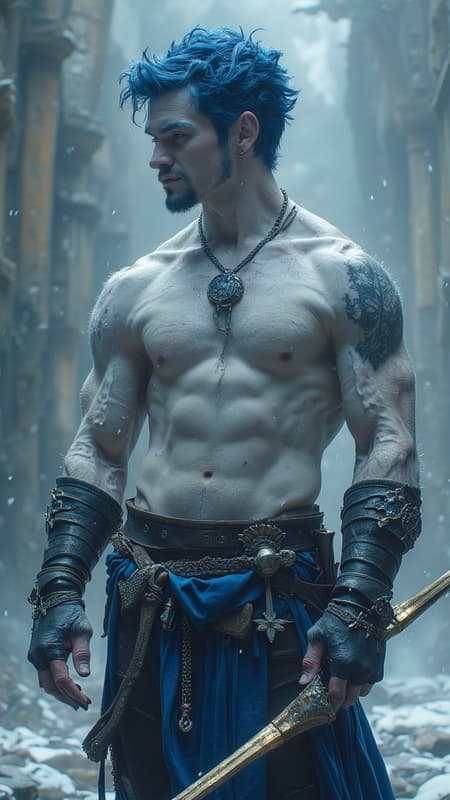 Faerie and Fantasy, The Dreaming. Elf. Moon Elf, pale white elf. Hypermasculine male. Short, stocky, wide shouldered, broad chested, narrow waist, sinewy, well defined. Strong, muscular. Pale white skin the color of snow, dusted in glittery moondust. Short length dark indigo-blue hair, short on sides and spiky on top. {{{SHORT HAIR, INDIGO BLUE HAIR}}}. Sparkling silver eyes, playful and cheery. Handsome masculine face, strong brow and chin, cleft in chin. Indigo-Blue soul-patch on face. Elf ears. His skin is dusted in silvery glitter. Silver talisman with crystal quartz pendant around his neck. Navy blue sleeveless shirt unbuttoned to navel, revealing his chest. Silver arm bands above his biceps, silver earring in left ear, along with silver ear cuffs. Black leather fingerless gloves, black leather bracers on arms. Black leather belt around waist, silver and sapphire belt buckle. Navy blue rangers pants/tights, form fitting and smooth over powerful legs and bulge in groin. Soft gray boots, knee-high and slouchy/supple bucket boots. He holds a golden magical bow. He has a soft, silvery aura under moonlight, signifying elven magic. Full body pose, he is the archer, the Dream Archer. Faerie and Fantasy, The Dreaming. Elf. Moon Elf, pale white elf. Hypermasculine male. Short, stocky, wide shouldered, broad chested, narrow waist, sinewy, well defined. Strong, muscular. Pale white skin the color of snow, dusted in glittery moondust. Short length dark indigo-blue hair, short on sides and spiky on top. {{{SHORT HAIR, INDIGO BLUE HAIR}}}. Sparkling silver eyes, playful and cheery. Handsome masculine face, strong brow and chin, cleft in chin. Indigo-Blue soul-patch on face. Elf ears. His skin is dusted in silvery glitter. Silver talisman with crystal quartz pendant around his neck. Navy blue sleeveless shirt unbuttoned to navel, revealing his chest. Silver arm bands above his biceps, silver earring in left ear, along with silver ear cuffs. Black leather fingerless gloves, black leather bracers on arms. Black leather belt around waist, silver and sapphire belt buckle. Navy blue rangers pants/tights, form fitting and smooth over powerful legs and bulge in groin. Soft gray boots, knee-high and slouchy/supple bucket boots. He holds a golden magical bow. He has a soft, silvery aura under moonlight, signifying elven magic. Full body pose, he is the archer, the Dream Archer.