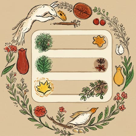 A hand-drawn icon of a menu button in an earthy color palette, inspired by the artistic style of Marc Chagall, featuring natural elements. The design is intended for a Natural Elements website with a beige background, blending whimsical and organic motifs for a harmonious look.
