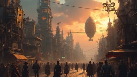 Steampunk adventure, intricate gears and cogs, vibrant hues, deep rich colors, atmospheric cityscape, Victorian-inspired fashion, whimsical inventions, gleaming brass and copper tones, bustling streets, airships floating in the sunset, adventure and mystery.