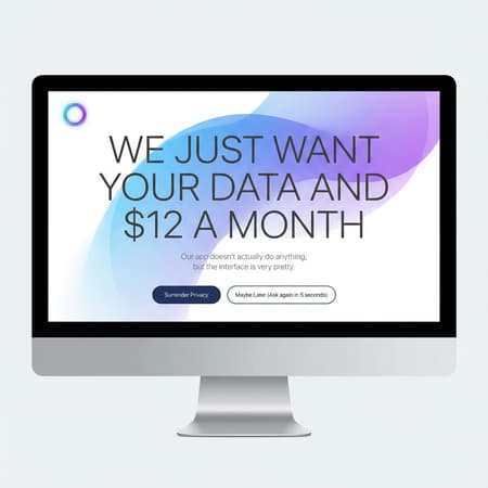 A UI/UX design mockup of a high-end tech startup landing page. Minimalist aesthetic, vibrant gradients, and Apple-style typography. The massive hero text in the center reads: "WE JUST WANT YOUR DATA AND $12 A MONTH." The sub-headline says: "Our app doesn't actually do anything, but the interface is very pretty." Two buttons at the bottom: "Surrender Privacy" and "Maybe Later (Ask again in 5 seconds)."