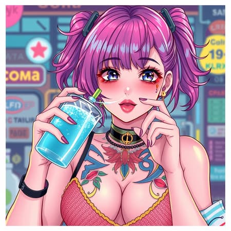 A vibrant woman with a colorful chest tattoo holds a fizzy drink, embodying a soda-themed aesthetic. Her design harmonizes with the dynamic art style of Loish, merging the energetic vibe of 80s and 90s anime. This anime girl sips an energy drink, her style a playful fusion of candypunk elements and retro anime charm, capturing the spirit of 80s anime while infusing a mix of unique and nostalgic aesthetics.