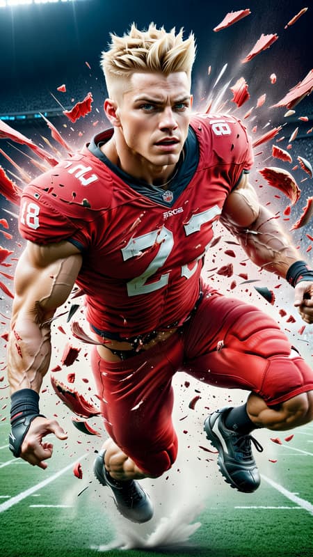 Super-hero, football Player, sports figure, college football. Hypermasculine male, Caucasian white male, young man (about 18 thru 21). Tall, muscular, sinewy, athletic, fit, wide bach and shoulders, broad chest, narrow waist, big thighs and calves. Super fast, can outrun a car, leaves a trail of wind in his wake. Unstoppable, can plow through his opponents on the football field. Handsome, rugged good looks. Light golden blonde very short hair, flat top hairstyle, close on sides and straight spiky on top. Deep set aqua-blue eyes, strong brow and chin, mild soul patch on face. Cleft in chin, cute dimples on face. Black strips under his eyes to reduce glare. Bare chest, shirtless, sweat running down his chest and legs after a hard practice. Black shoulder pads, elbow pads and knee pads on the outside of his body. Bright red (((red))) shiny football shorts stretched over his bulging crotch, revealing strong powerful thighs and legs. Black cleated football shoes. Usually running, a need for speed. Full body pose. 
