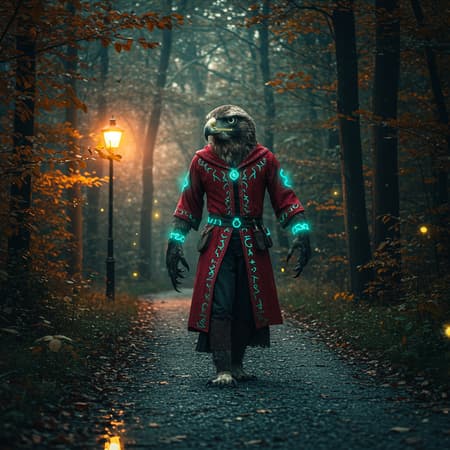 A mystical autumn forest with an eagle hunter traversing a gravel path, dressed in a red intricately ornamented robe. The hunter has a humanoid body adorned with blue-green glowing neon runes. Captured from a low angle, the photograph highlights a highly detailed eagle head with intense glowing eyes and realistic textures. Reflections shimmer off nearby surfaces as a lamp post casts a soft glow. In a dynamic action pose, fireflies dance around, adding magic to the scene. Despite vaguely odd proportions, the eagle-human hybrid is depicted in a cute and friendly manner, with human-like features such as a face and hands. Muted colors enhance the enchanting atmosphere, while slight mutations, like fused fingers, suggest a fantastical twist.