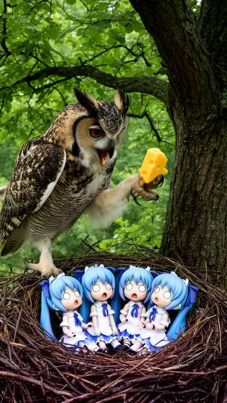 On the first and second image you can see Hooh - large pet great horned owl. I want to make another pic with this owl.

An absolutely photorealistic scene. It is a  summer day right after rain. View from side of the nest on the top of the tree. The Great Horned Owl, Hooh, has landed at her nest in the lush, green canopy of a tree. Yet, the scene is wrong. Instead of her chicks, four small, pristine Cirno Fumo dolls sit crammed in the nest, all staring up at her with blank, expectant eyes. Hooh is standing on one leg, while in other, held delicately in one raised talon is a single, piece of some yellow cheese. She looks down at it with utter shock and disbelief. The bacjground, the tree, everything is normal except for 4 Fumo Dolls in next and this cheese. Cirno Fumo Dolls are looking at cheese hungrily
