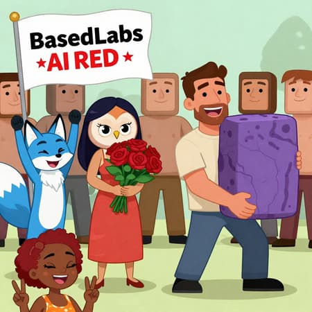 Create a 3:4 cartoon image based on image 1. Replace the man on the right with the masculine man from image 2. This man, instead of a guy, is carrying a rectangular stone with the Ao Oni texture and purple color from image 3. Replace the woman standing to the left with the owl girl from image 4, carrying a huge bouquet of roses. To her left will be the blue fox from image 5, raising his arms in a victory pose. And in the foreground will be the face of the red-haired Ethiopian woman from image 6, making a V sign. Replace the text written on the flag with the slogan "BasedLabs AI RED" with a red star. Replace the people in the background with caricatures with heads and rectangular bodies. All the characters in the scene are happy and smiling, albeit a little artificially.