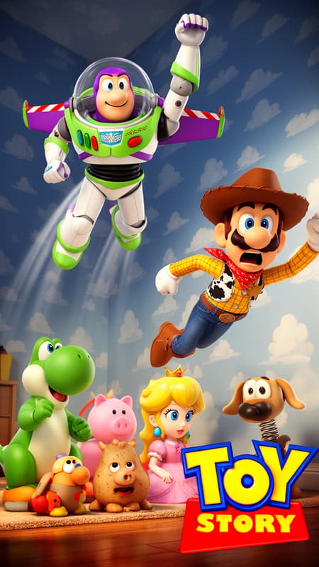 Mario Characters In Toy Story Parody Poster A parody movie poster for the classic film Toy Story, featuring a cast composed entirely of characters from the Super Mario Nintendo games.
masterpiece, best quality, 1990s pixar style movie poster, cinematic toy adventure poster, dynamic diagonal composition, blue children's bedroom wall with white cartoon cloud wallpaper, dramatic upward perspective,
a heroic space ranger toy (Luigi with hat as Buzz Lightyear) flying upward through the room, white and neon green sci-fi suit, purple hood, transparent helmet dome, red and white wings with green accents, glossy plastic materials, smiling confidently, arm raised upward,
a cowboy doll (Mario as Woody) being pulled through the air, shocked expression, wide eyes, open mouth, brown cowboy hat, yellow plaid shirt, cow print vest, red bandana, blue jeans, cowboy boots, dynamic hanging pose,
multiple toys on the floor below, green plastic dinosaur (((Yoshi as dinosaur))), pink piggy bank toy, princess peach as porcelain shepherd doll, ((bowser junior as potato-shaped toy with detachable face parts,)) toy dog with spring body,
warm cinematic lighting, glossy reflections, soft shadows, 90s CGI render aesthetic, colorful family adventure atmosphere, highly saturated colors, playful chaos, classic animated movie poster style,
large bold toy logo in lower right corner, bright yellow and blue typography, retro family film poster design,
ultra detailed, volumetric lighting, polished plastic textures, nostalgic aesthetic, cinematic poster layout, vertical composition
