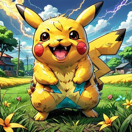 high quality art , taken with a professional grade camera with exquisite color grading , full body , massive pikachu , happy face ,mouth , tongue , fangs , pokemon , grass around , real , photoreal , strong legs and hands , fluffy , 35mm , lightnings and thunder around , (tries to hug:1.2) , large claws on hands, electric aura around