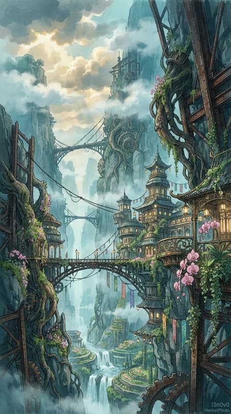 Hanging City Of Steel Roots l3n0v0, HerbstPhoto, neo_victorian, D3tailedP0rtraits,
Cyanotype, Flower power, yfg_gpt4 style,
The Hanging City of Steel Roots,
masterpiece, best quality, ultra-HD, painterly anime illustration, watercolor softness with cinematic realism, immense vertical mountain cliffs wrapped in drifting fog, colossal mechanical roots and buried machine structures emerging from the rockface, elegant hanging city inspired by Khmer and Art Nouveau architecture suspended between cliffs, waterfalls cascading through flowering terraces of pink orchids and green ivy, humid storm clouds breaking apart in warm golden sunlight, grounded environmental realism, vast cinematic atmosphere
