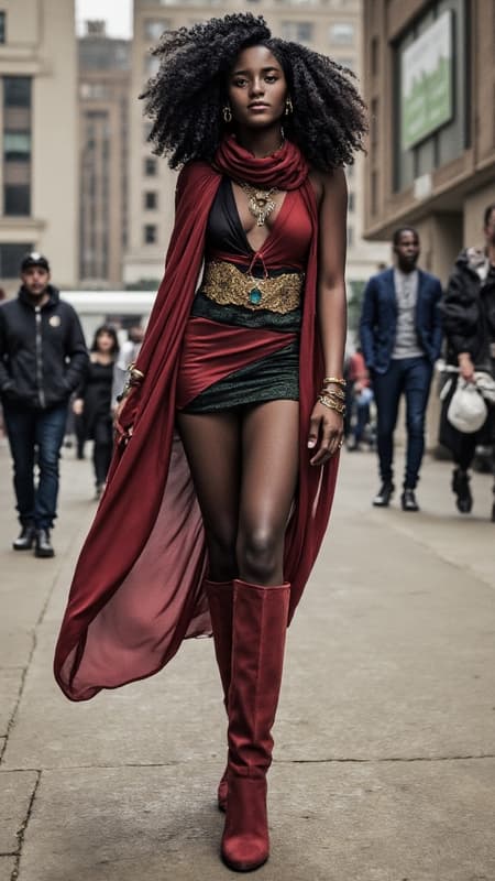 A character for Changeling: The Dreaming, fairytales in modern day times. She is an Eshu, an African faery being. Feminine female wanderer, storyteller, modern vagabond. She has the ability to walk between worlds. If there is a path or trod that will lead to a magical place, she will find it. When she tells a story of faraway places, you can practically see and hear what she describes, no one tells a story like she does. Her dark eyes are starlit, you can almost see the beginning of time in them. 

Tall, slender, lithe but strong and athletic, a dancer's build. Of African descent, her skin is dark brown and smooth. Medium length black hair, curlly and coiled, in an asymmetrical style, braided on one side and falling loosely to the other side of her head.  Beautiful face, high cheekbones and full lips, a model's face. Dark eyes that sparkle with starlight, moderate make-up on eyes with dark red lips. Gold dagger-shaped earrings in her slightly pointed ears and gold bangle bracelets on her arms, as well as a necklace with an emerald around her neck. She wears a beautiful layered silk minidress in African colors of red, black and green with a golden metallic belt around her waist. A long flowing red silk scarf tied around her neck, and red soft suede knee-high boots with medium heels on her feet. When she walks, she leaves a trail of golden glitter in her wake, it comes from her shining golden aura. Wherever she goes, adventure awaits. Full body pose, walking towards some unkown path in the city... 