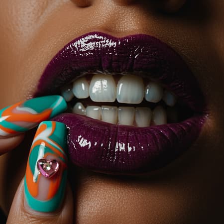 Close-up image of glossy, deep purple lips, slightly parted and twisted to reveal teeth adorned with sleek, silver grillz. The lips are covered in a high-shine, wet-look gloss that dramatically reflects the light. Vibrant acrylic nails with a bold abstract pattern in shades of teal, orange, and white press gently against the lips. One nail features a pink heart charm encircled by tiny gemstones. The lighting is moody and cinematic, casting warm amber tones with soft shadows. The image has a grainy, film-like texture, reminiscent of high-fashion editorial photography. Shot with a macro lens, shallow depth of field, high contrast, vintage 35mm film aesthetic.