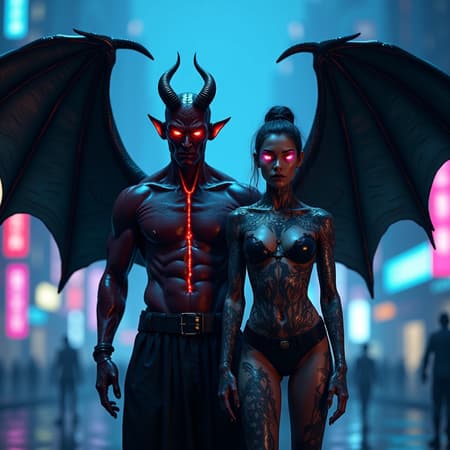 Cyberpunk Demon Stand Artwork A photorealistic cyberpunk demon and angel stand in the shadows of a futuristic city at night. The barely visible cityscape glows softly with neon accents in shades of blue, purple, and pink, casting an ethereal light. The demon, with a humanoid yet unnerving appearance, has skin resembling molten lava, glossy and alive, with cracks and pulsing glowing veins. His eyes burn with malevolence. From his back stretch two imposing black wings, massive and heavy, textured like scorched feathers or dark steel, casting an overwhelming shadow. The demon’s features are subtly human, making him disturbingly familiar, like a fallen angel from a digital apocalypse. Beside him stands the cyberpunk angel, exuding an intense, compelling presence. Her skin gleams with a metallic sheen, covered in intricate tattoos that seem to pulse with energy. Her eyes glow with a fierce intensity, and her wings, large and ethereal, appear as a blend of sleek metal and gossamer light. Both figures have modern, tattooed appearances, a fusion of futuristic style and infernal mythology. The scene is dark, cinematic, and richly detailed, where cold light and neon reflections create a hauntingly beautiful contrast.