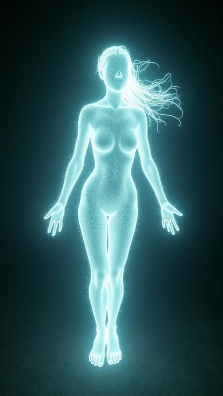 Sci-Fi, strange, eerie...sexy? Ghost in the electronics? She is a shapely curvy female humanoid form with no discernable features; even her long hair is composed completely of television static and has an eerie glow. She can become energy and move through power lines, telephone lines, outlets, cable lines, and anything plugged in. She can appear  in television screens, computer monitor screens, and sometimes smartphone screens. She travels through connected lines, but can ride the airwaves if necessary. When she appears in full humanoid form, she is just a sensuous curvy glowing figure composed of television static,including her hair. She has no actual voice, but sometimes people can hear breathing through whatever electronic devices they might be using. Otherwise, she sounds like the white noise that television static makes. She seems to have a tendency to appear to attractive men, though anyone can see her if she chooses to make herself visible. No one knows where she came from or what she wants; it is believed she came into existence with the creation of the first electronic device, mainly television. She is not known to be dangerous, but people that have seen her get an uneasy feeling. She tends to appear whenever people (especially men) fall asleep in front of the TV late at night.....   {{{She appears as a shapely sexy feminine glowing white silhouette composed of television screen static}}} 