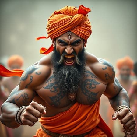 king vikramaditya a muscular royal man ,wearing a traditional indian attire with an orange turban tattoos covering his muscular chest and arms, a thick beard and a serious determined expression charging towards camera while shouting and angry expression