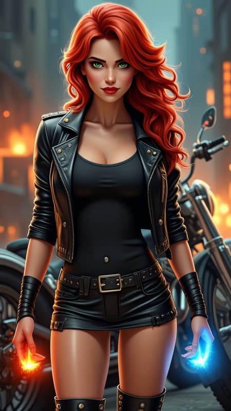 Heavy Metal biker Chick, super-hero . Feminine young woman. Long, wild flaming red hair swept back on one side, loose curls. Jade green eyes, moderate make-up, ruby red lips. Pretty, model girl, athletic, tall, busty. Black leather jacket, black spandex T-shirt, studded black leather bracelets on arms. Black leather mini-skirt, studded leather belt. Long legs, thigh high stiletto-heeled black leather boots.  Red energy/fire from right hand/fist, blue energy/fire from left hand/fist.  Full body pose. She always has a Harley motorcycle somewhere close by, high powered and lights on. 