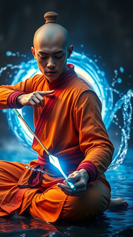 A photorealistic depiction of Avatar Aang from "The Last Airbender" in an introspective martial arts meditative pose, embracing the thematic blend of spiritualcore and massurrealism. He wears vibrant orange robes with subtle red accents. His bioluminescent arrow pulses with a soft blue glow, contrasting with the cinematic lighting that illuminates his serene expression. A dynamic scene unfolds around him, with water bending creating an orb of flowing water in the background, accompanied by the ethereal glow of blue bioluminescence. The composition captures explosive pigmentation, celebrating the lush, spiritual energy of the moment. The focus remains sharp and highly detailed, harmonizing elements of nature and mysticism for a holistic 8k visual experience. This artwork blends the furaffinity style without any distortions, extra limbs, or unrealistic anatomy, ensuring clarity and precision throughout.