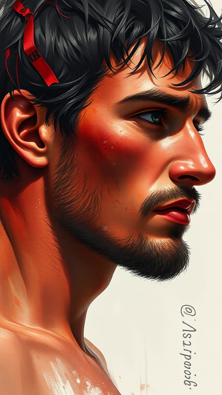Adam, the first man, depicted with earthy red skin and short black hair, portrayed in a style evocative of biblical and gospel themes. The digital painting combines elements of watercolor and oil, featuring a painterly quality reminiscent of masters like Jeremy Lipking, Antonio J. Manzanedo, and Alphonse Mucha. Influences from artists like Fuller Graves, Bartolome Esteban Murillo, JC Leyendecker, Craig Mullins, and Peter Paul Rubens are present, all contributing to a detailed and highly realistic composition. The artwork boasts a CGSetivity aesthetic, exemplifying ArtStation's HD high detail and photorealism trends, with concept art attributes. This official art piece is designed to be a standout on ArtStation, showcasing 8k resolution and trending styles.