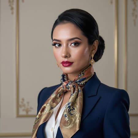 A commanding female businesswoman embodies an aura of power and elegance. She stands tall and self-assured in an impeccably tailored navy blue pantsuit, paired with a crisp white button-up shirt and an opulent silk scarf elegantly draped around her neck. Her glossy black hair is styled into a sleek bun, accentuating her striking features and keen gaze. The artwork's detailed realism captures the subtle nuances of her expression, conveying a sense of determination and intelligence. In high resolution, the image showcases the intricate stitching of her suit, the texture of the silk scarf, and the sleek shine of her patent leather heels. The art style is hyper-maximalist, incorporating elements of Art Deco and Art Nouveau with a modern flair. Gold leaf and metallic accents add depth and dimension, underscoring the exquisite attention to detail. This groundbreaking artwork inspires awe with its unique portrayal of a powerful female figure, encapsulating the essence of contemporary femininity and strength. A stunning, epic masterpiece that represents the modern woman.