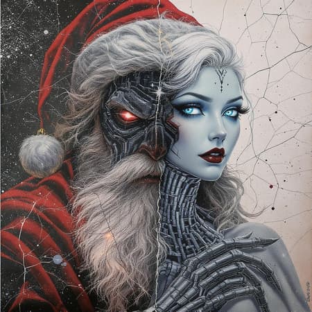 Retro-Futuristic Art Nouveau Cyberpunk fusion showcasing a double exposure painting. Detailed splatter with line art and acrylic textures on cracked paper. An intense close-up portrait of a cyberdemonic elderly, white-haired Santa with a dynamic pose, alongside a Snow Maiden woman. Both feature sharp, glowing eyes with intricate face detailing, capturing light-shadow play. Inspired by artists like James Jean, Craola, and Andy Kehoe, the piece exhibits an Art Nouveau essence with stained glass and storybook illustration styles. Highlight unusual and beautiful details with a high-resolution finish, creating a luminism effect with intricate lighting. The artwork portrays a multi-faceted expression, emphasizing long necks and detailed features, reflecting a surreal and fantastical narrative with a retro-futuristic touch.